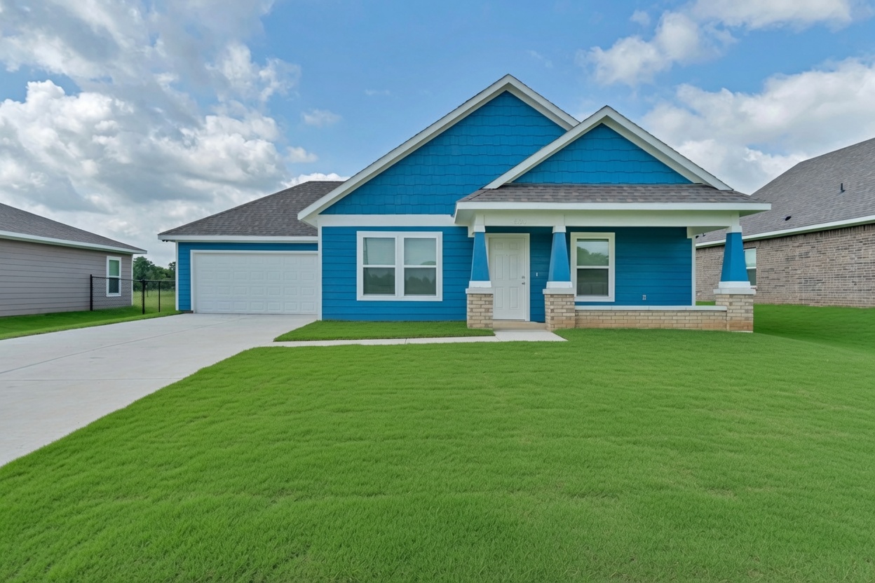 Blue H3 Habitat home exterior with white trim, brick porch details, and green lawn